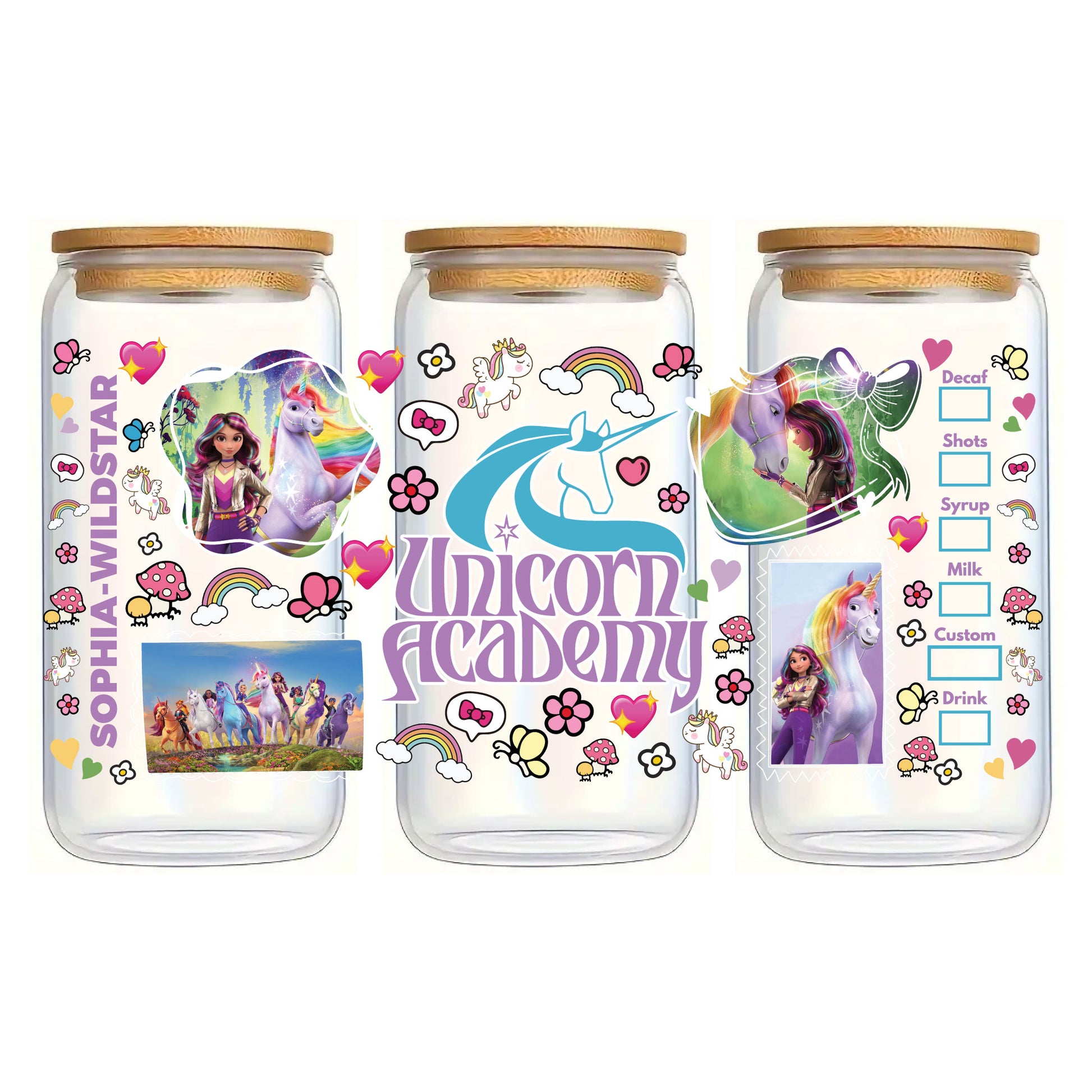 Unicorn Academy customized glass tumbler and cup